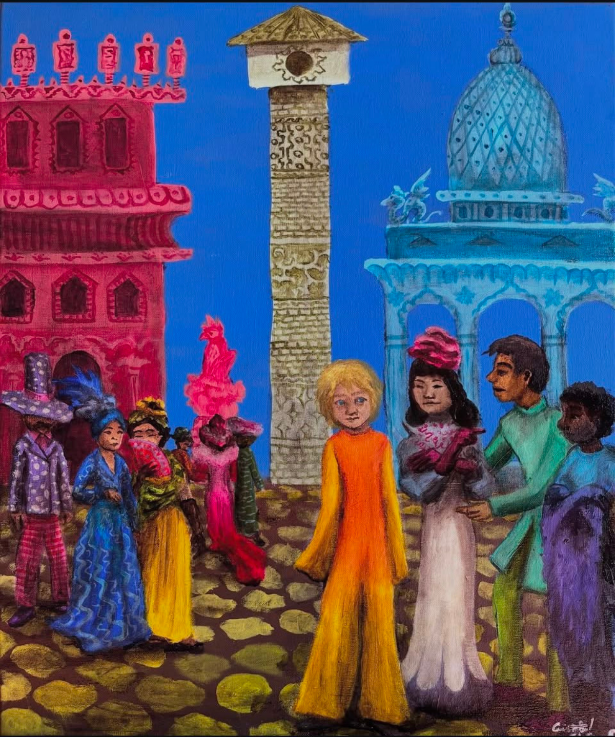 A praça colorida com três monumentos